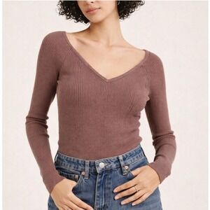 Abercrombie & Fitch Ribbed V Neck Sweater Brown Taupe Fitted Long Sleeve Top M